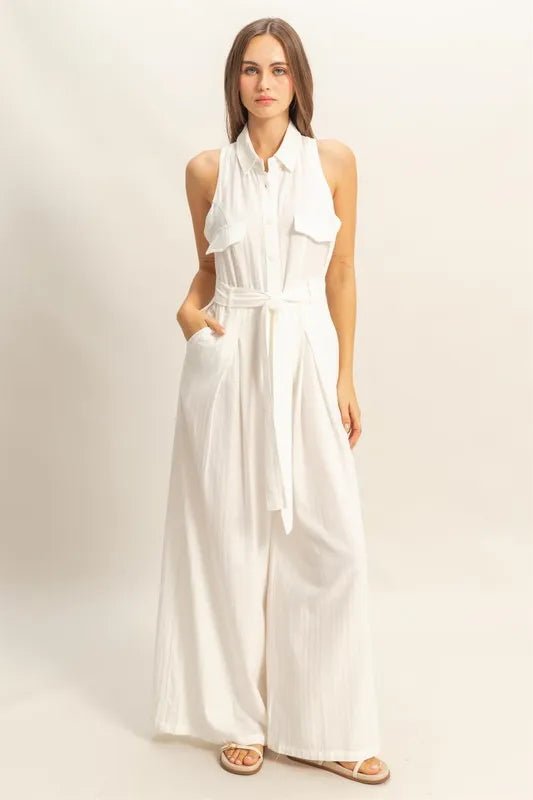 HYFVE Sleeveless Tie Waist Wide Leg Jumpsuit – White, Resort Chic - Triniskies