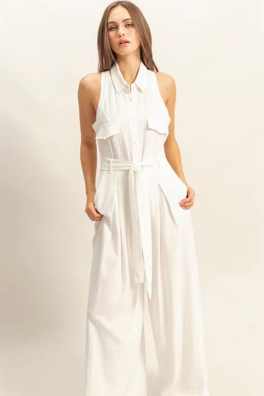 HYFVE Sleeveless Tie Waist Wide Leg Jumpsuit – White, Resort Chic - Triniskies