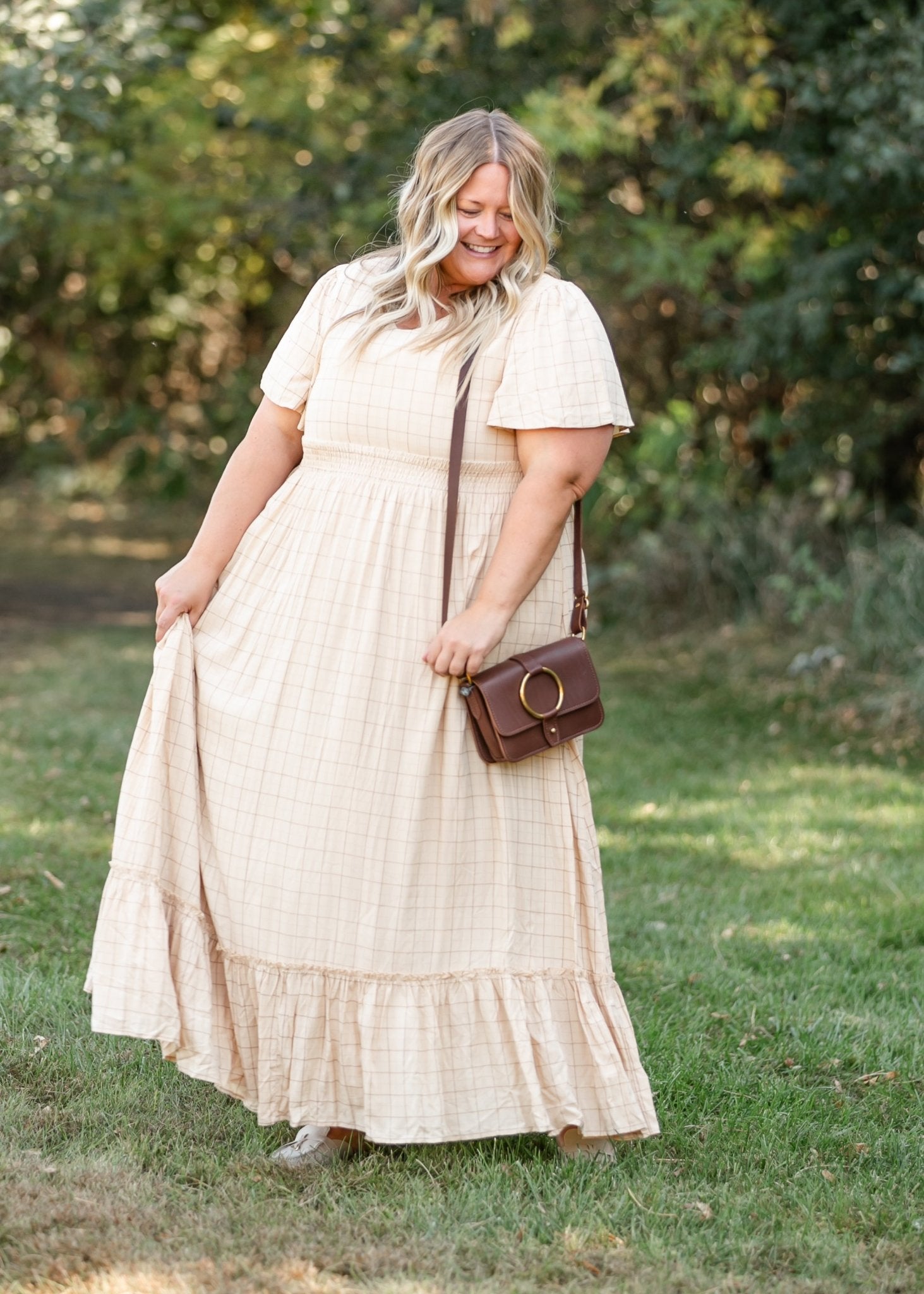 Isabella Plaid Maxi Dress – Taupe Brown Smocked Waist with Flutter Sleeves - Triniskies