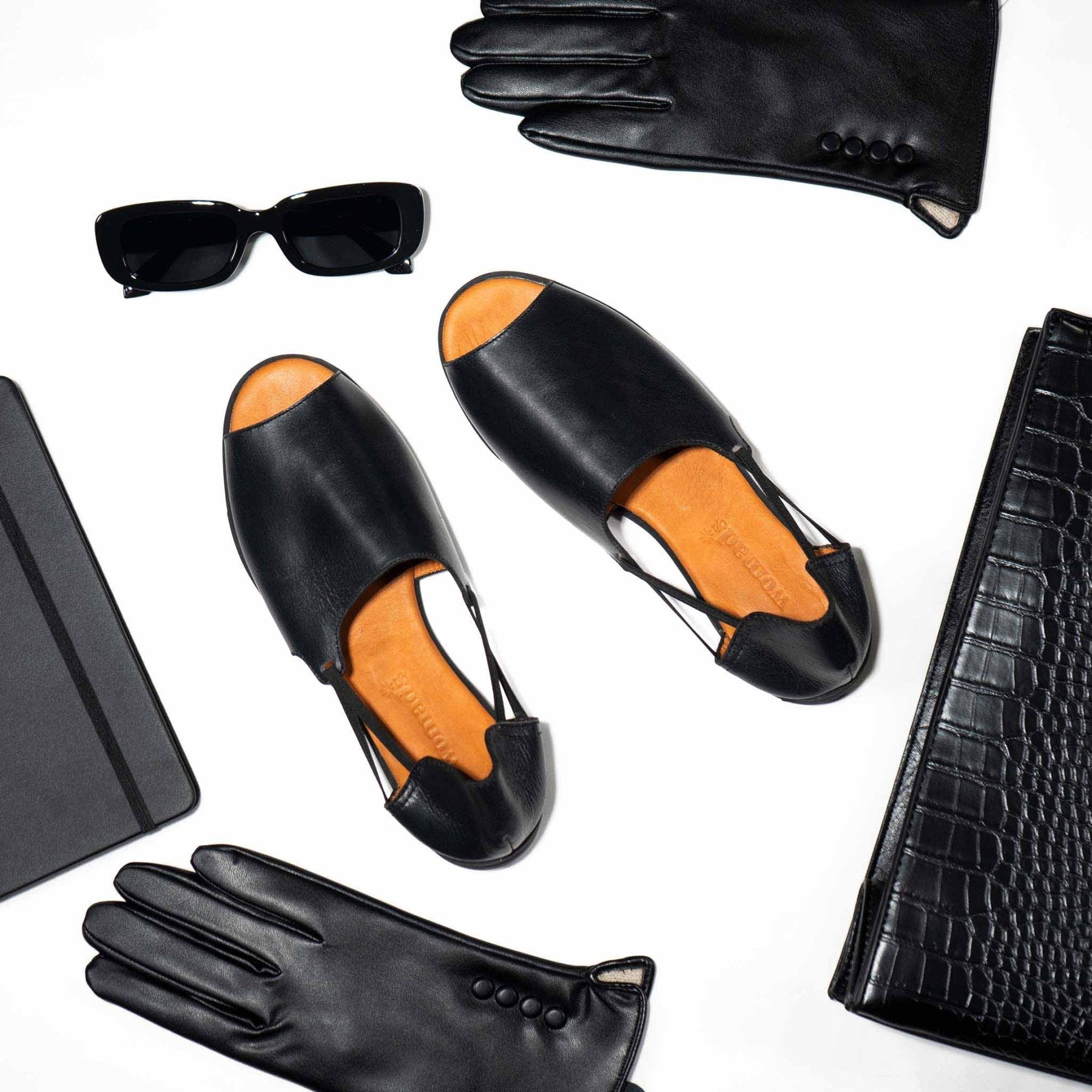 Jet Black Peep Toe Sandals - Womads Leather Flats for Women - Triniskies