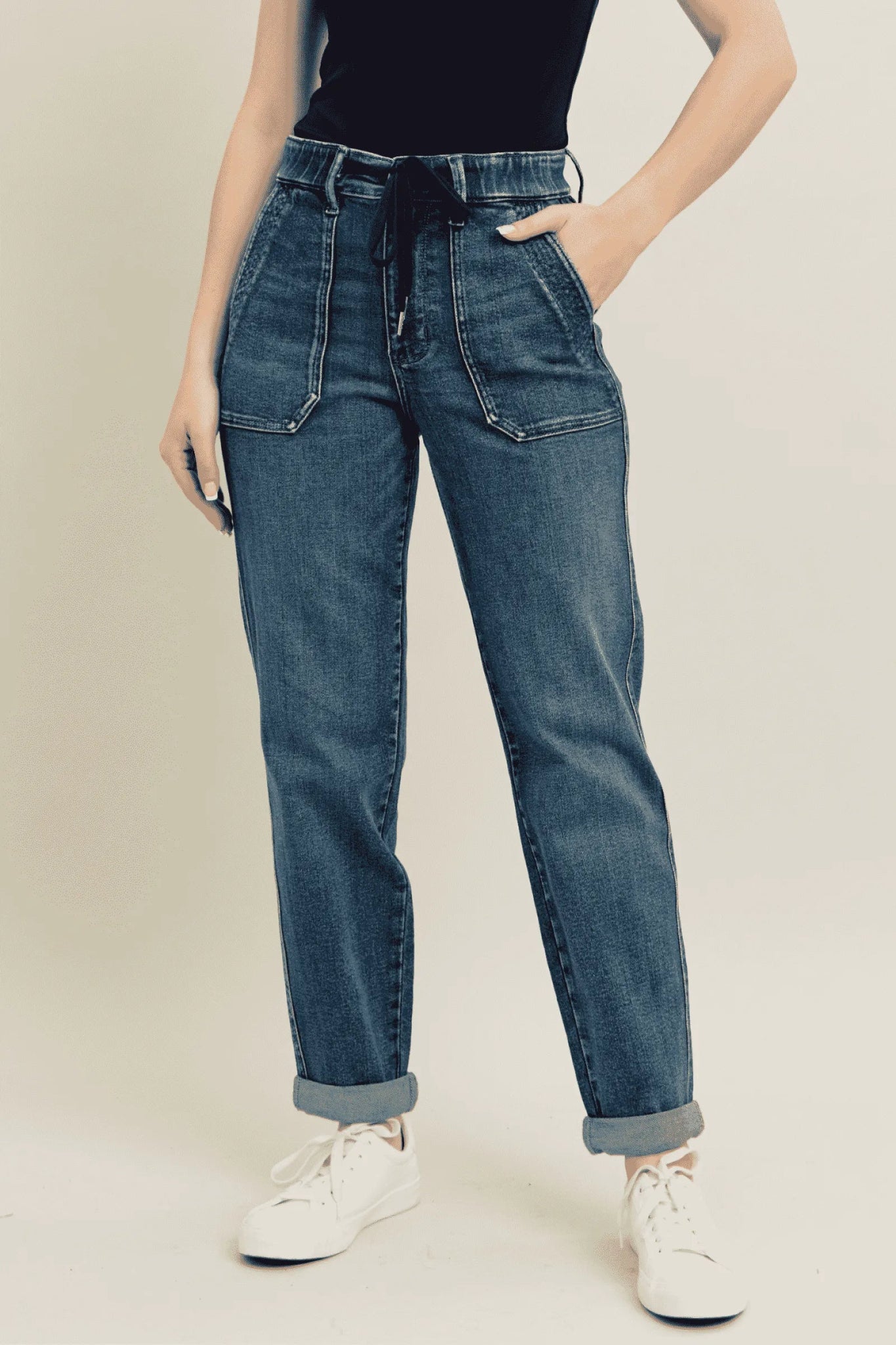 Judy Blue Plus Size High Waist Vintage Wash Jeans with Adjustable Drawstring - Triniskies
