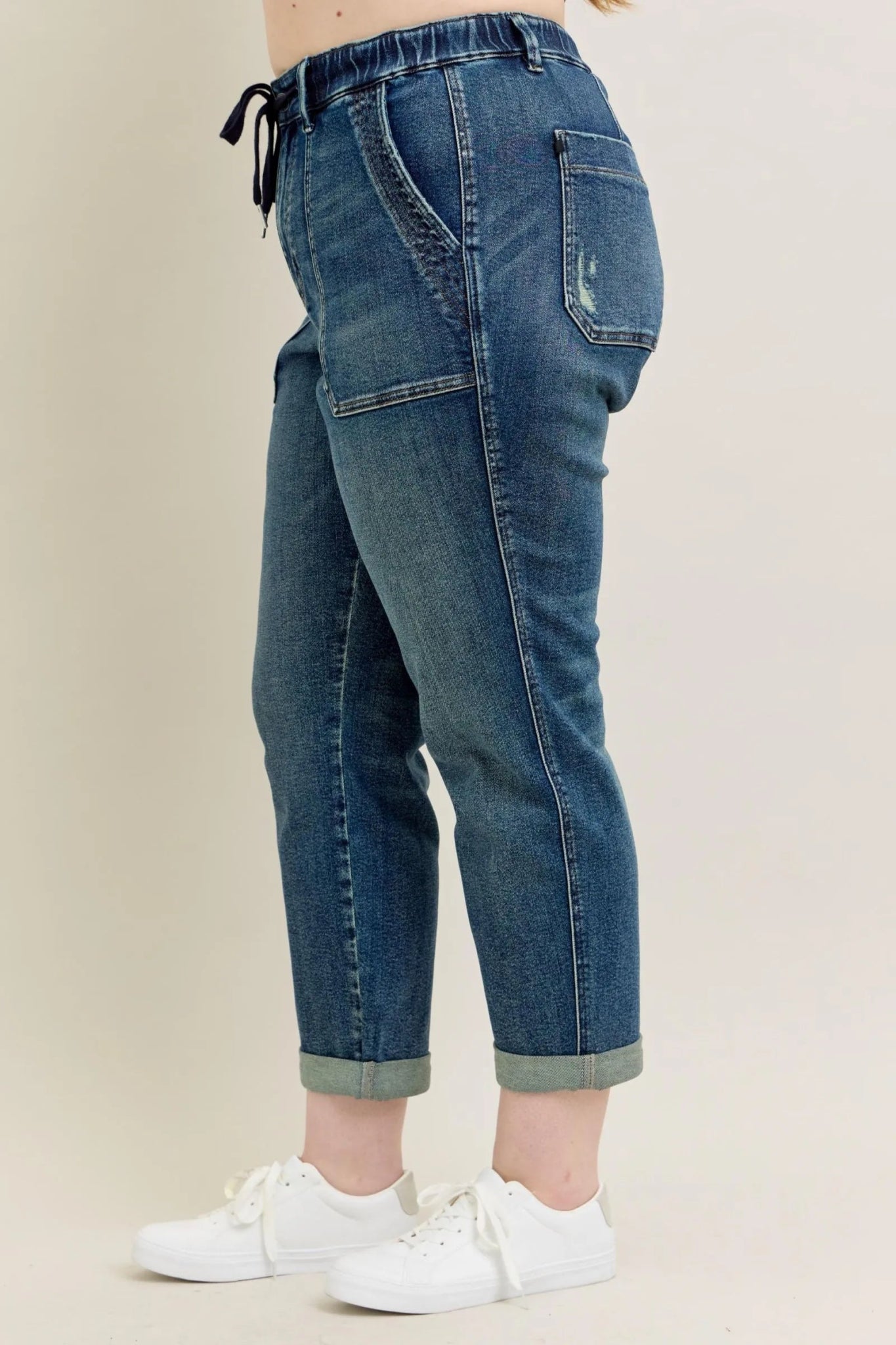 Judy Blue Plus Size High Waist Vintage Wash Jeans with Adjustable Drawstring - Triniskies