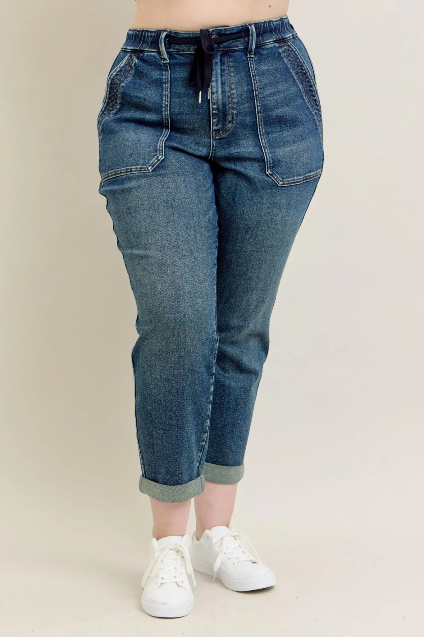Judy Blue Plus Size High Waist Vintage Wash Jeans with Adjustable Drawstring - Triniskies