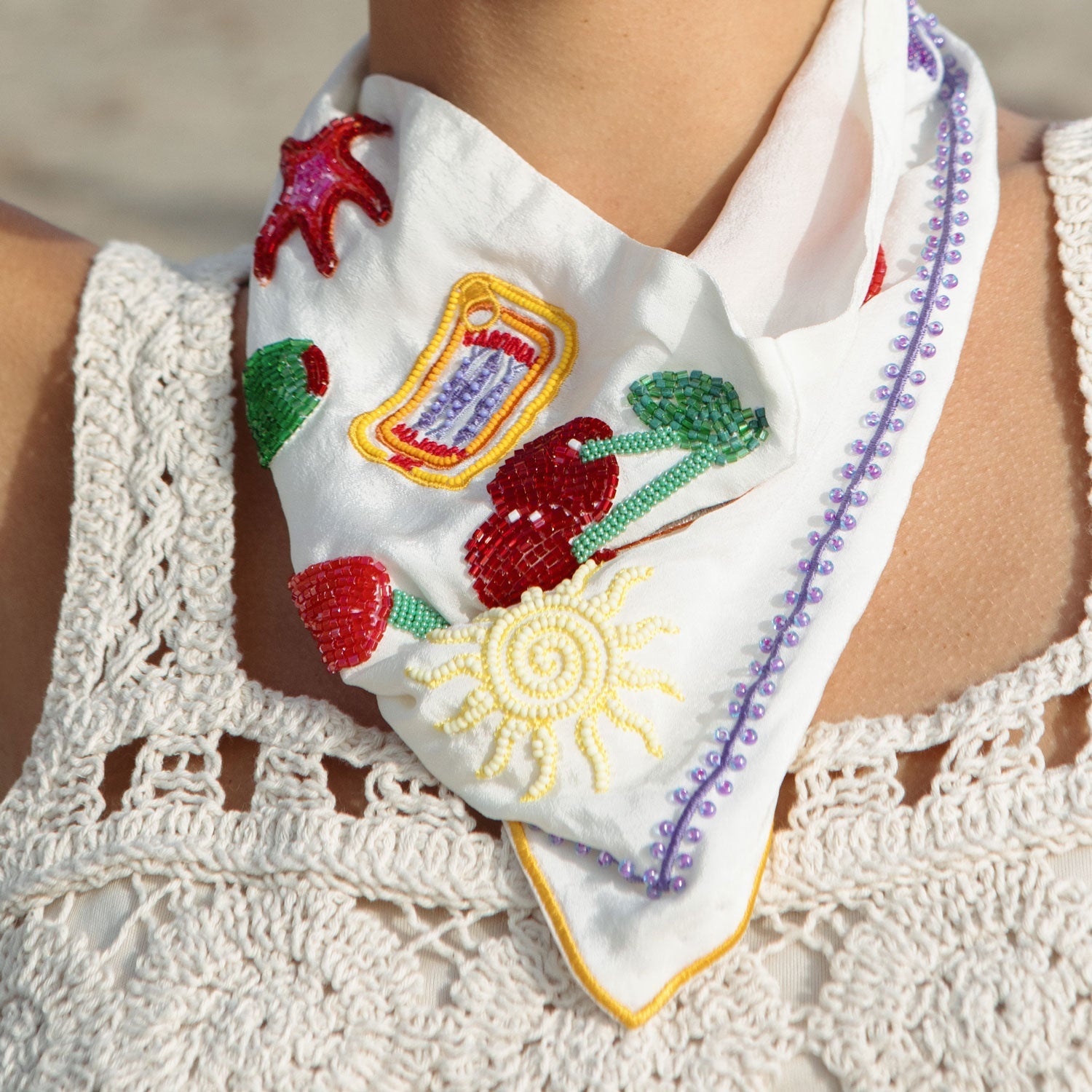 Mariela Silk Resort Bandana – Hand - Embroidered Coastal Motifs - Triniskies