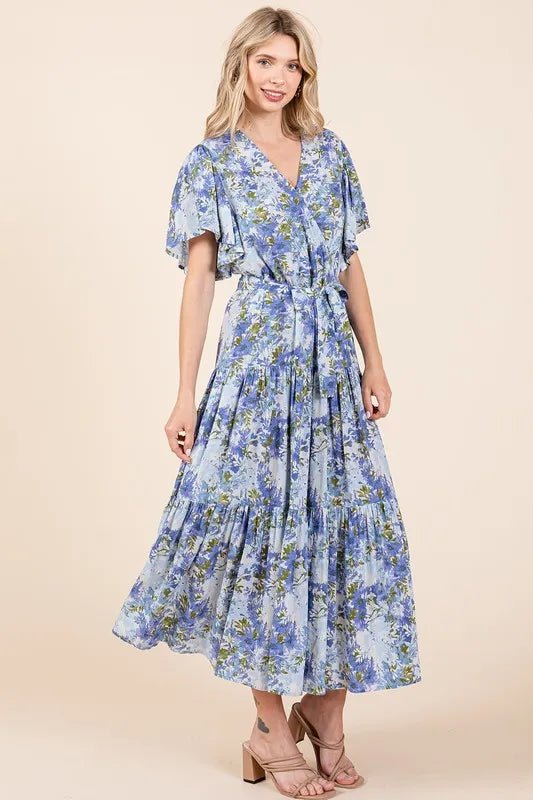 MittoShop Blue Floral Tie - Waist Flutter Sleeve Tiered Midi Dress - Triniskies