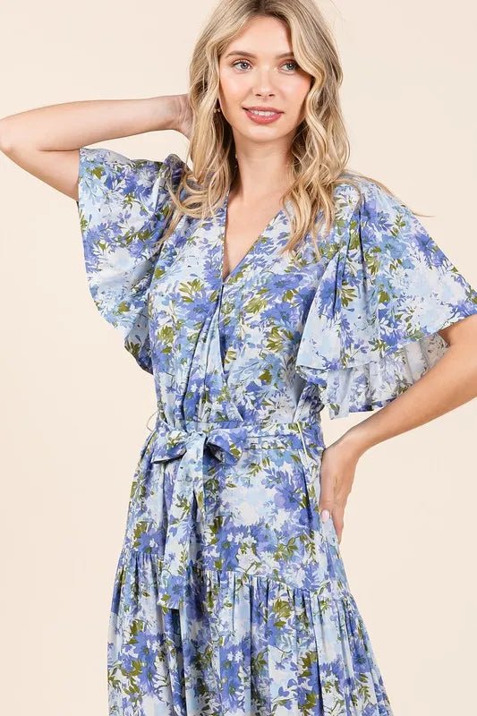 MittoShop Blue Floral Tie - Waist Flutter Sleeve Tiered Midi Dress - Triniskies