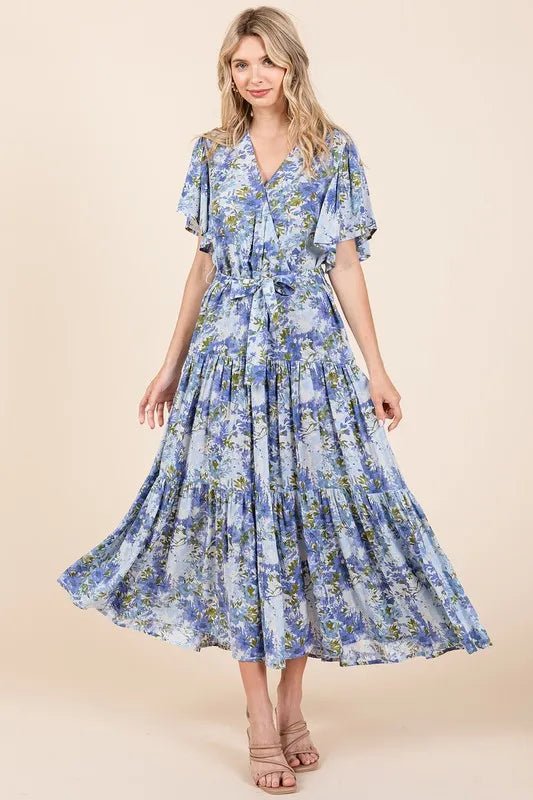 MittoShop Blue Floral Tie - Waist Flutter Sleeve Tiered Midi Dress - Triniskies
