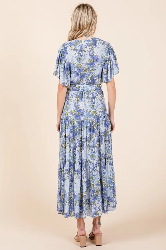 MittoShop Blue Floral Tie - Waist Flutter Sleeve Tiered Midi Dress - Triniskies