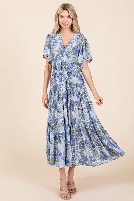MittoShop Blue Floral Tie - Waist Flutter Sleeve Tiered Midi Dress - Triniskies