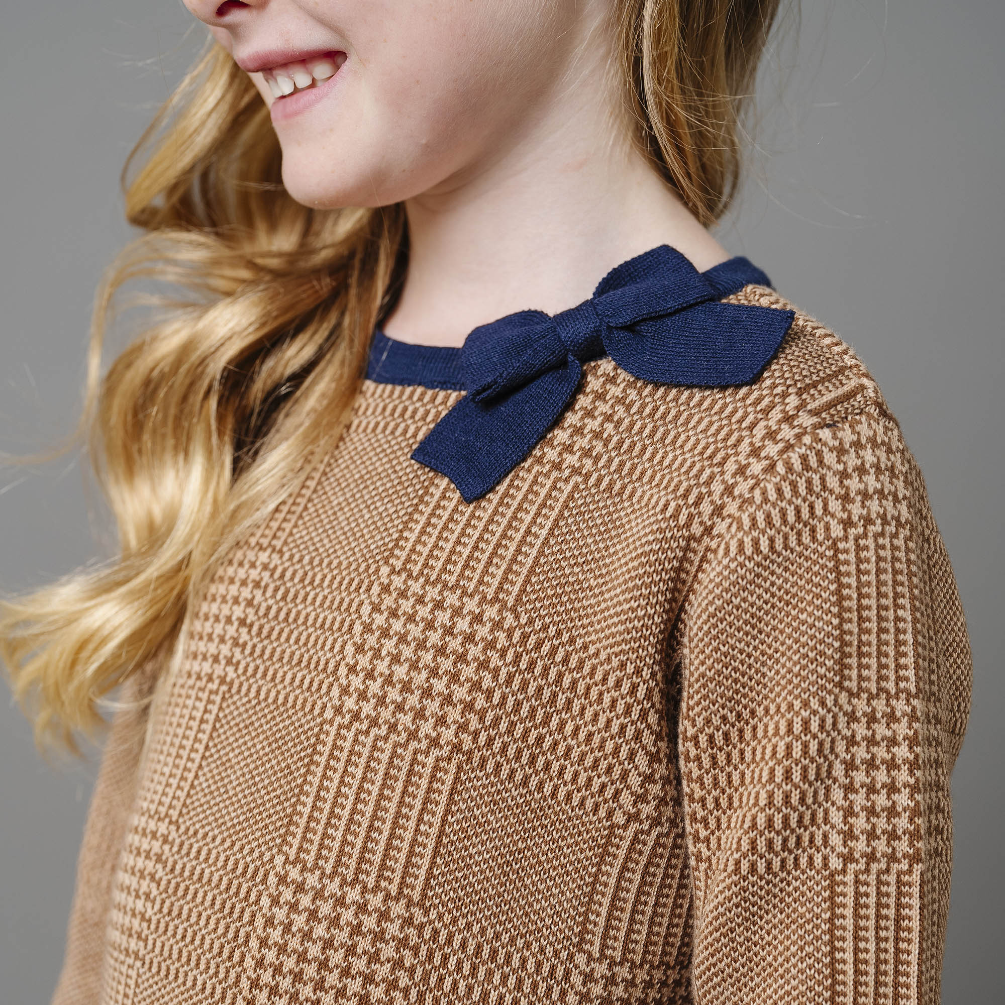 Organic Bow Sweater Dress – Girls’ A - Line Knit with Gold Buttons - Triniskies