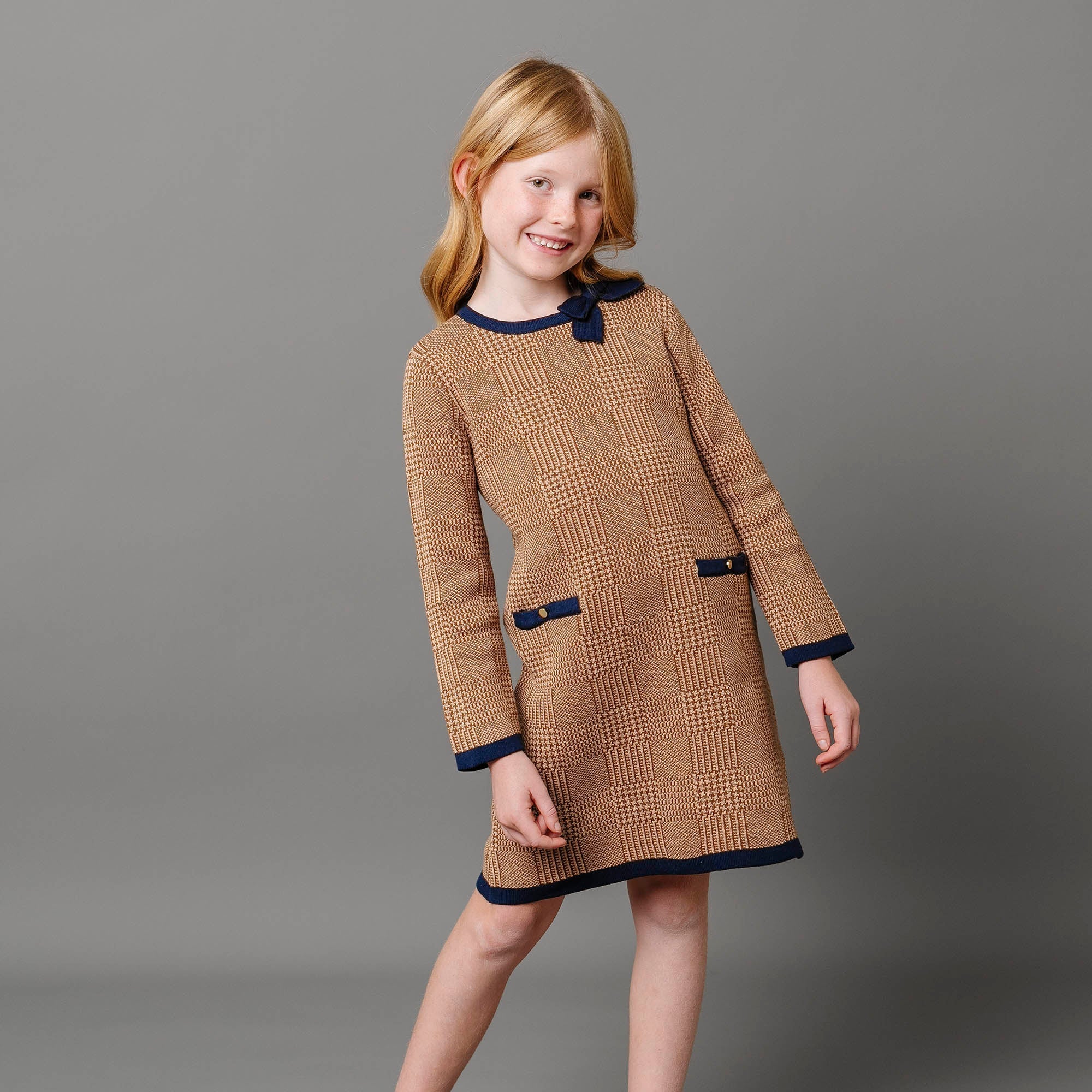 Organic Bow Sweater Dress – Girls’ A - Line Knit with Gold Buttons - Triniskies