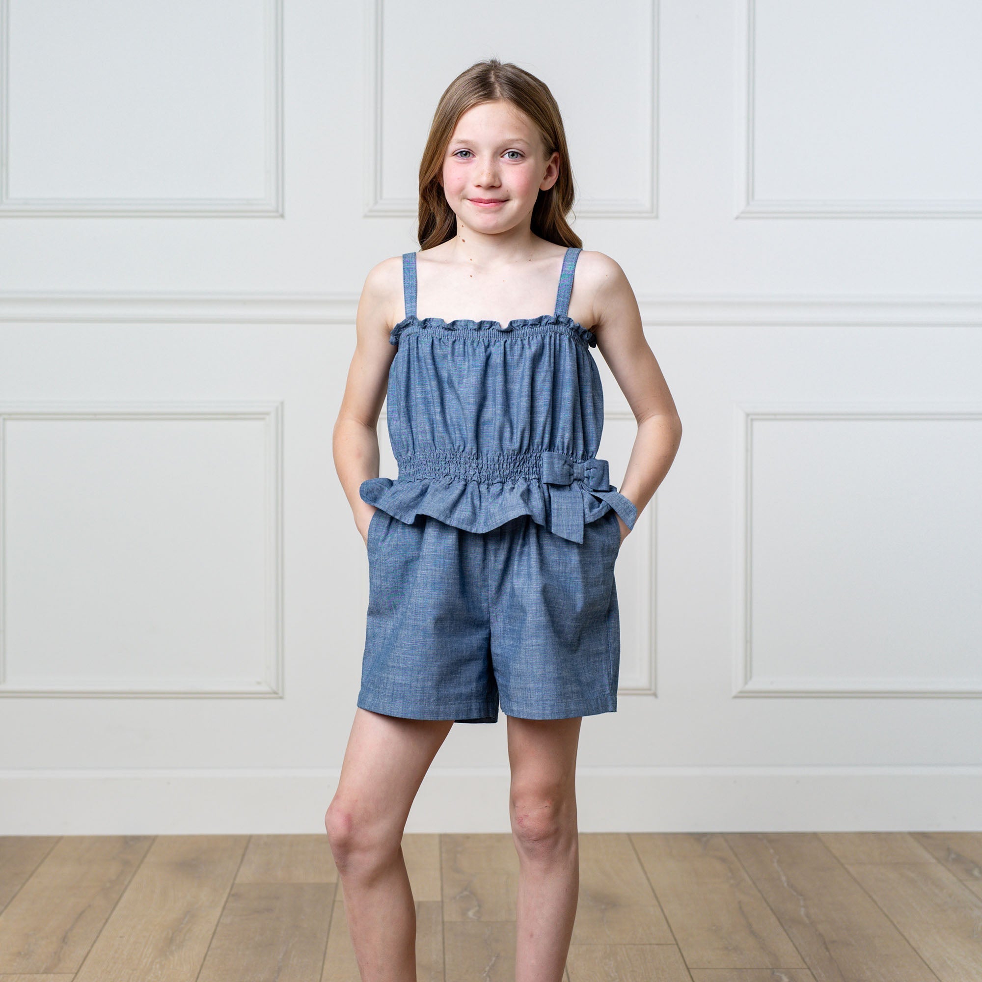 Organic Chambray Smocked Waist Romper – Blue Toddler & Girls Summer Outfit - Triniskies