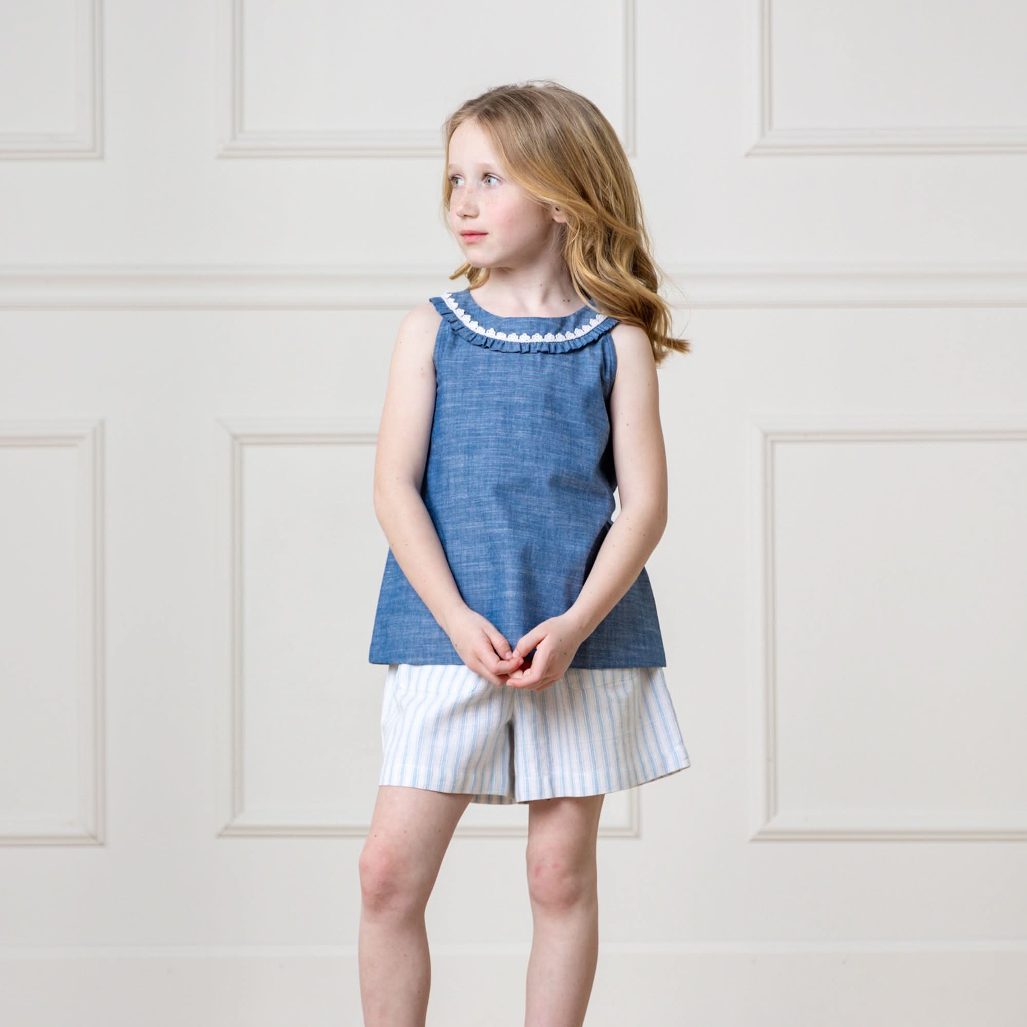 Organic Cotton Chambray Ruffle Collar Top for Girls – Hope & Henry - Triniskies