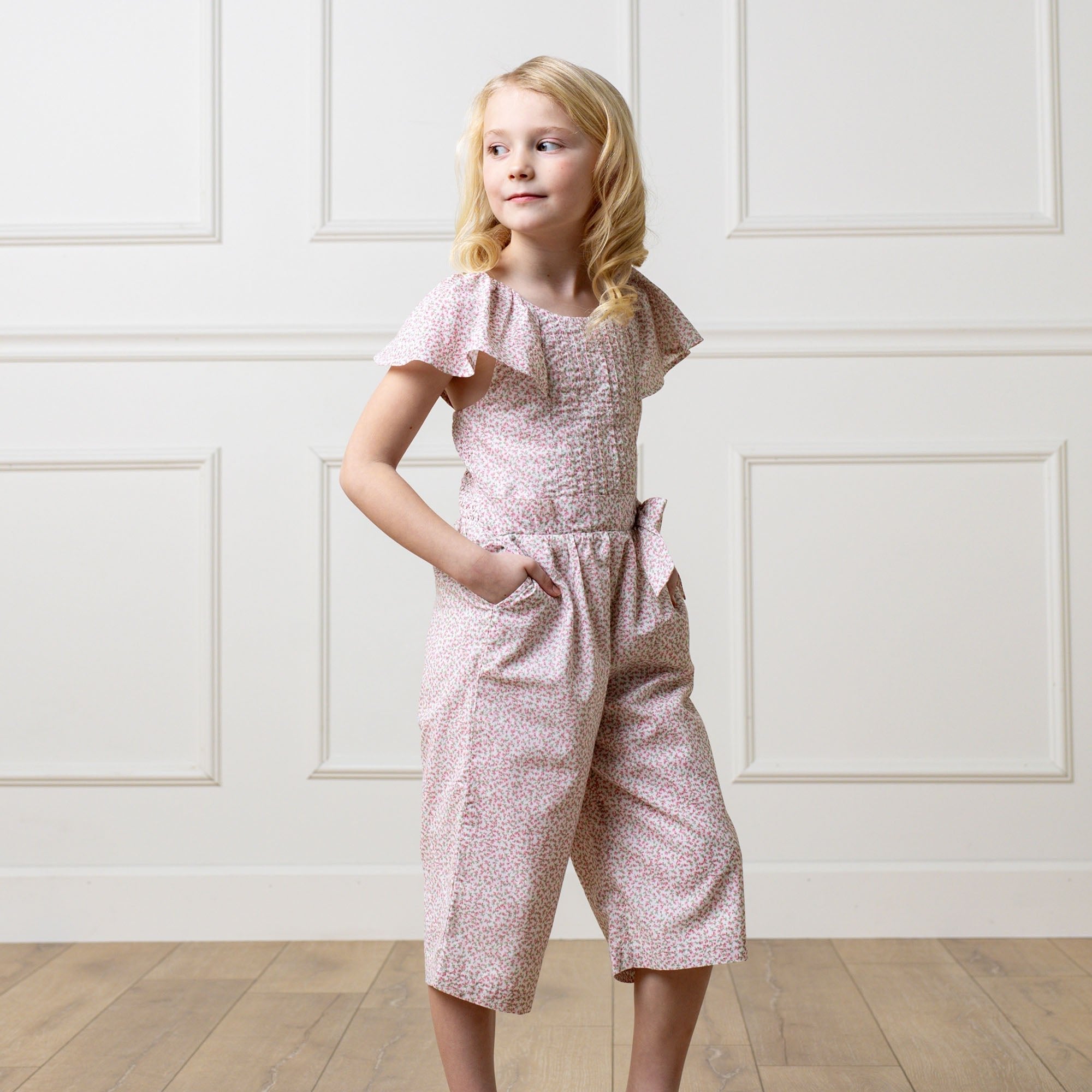 Organic Flutter Sleeve Pintuck Jumpsuit – Vintage Petal Ditsy Print | Girls’ One - Piece Outfit - Triniskies