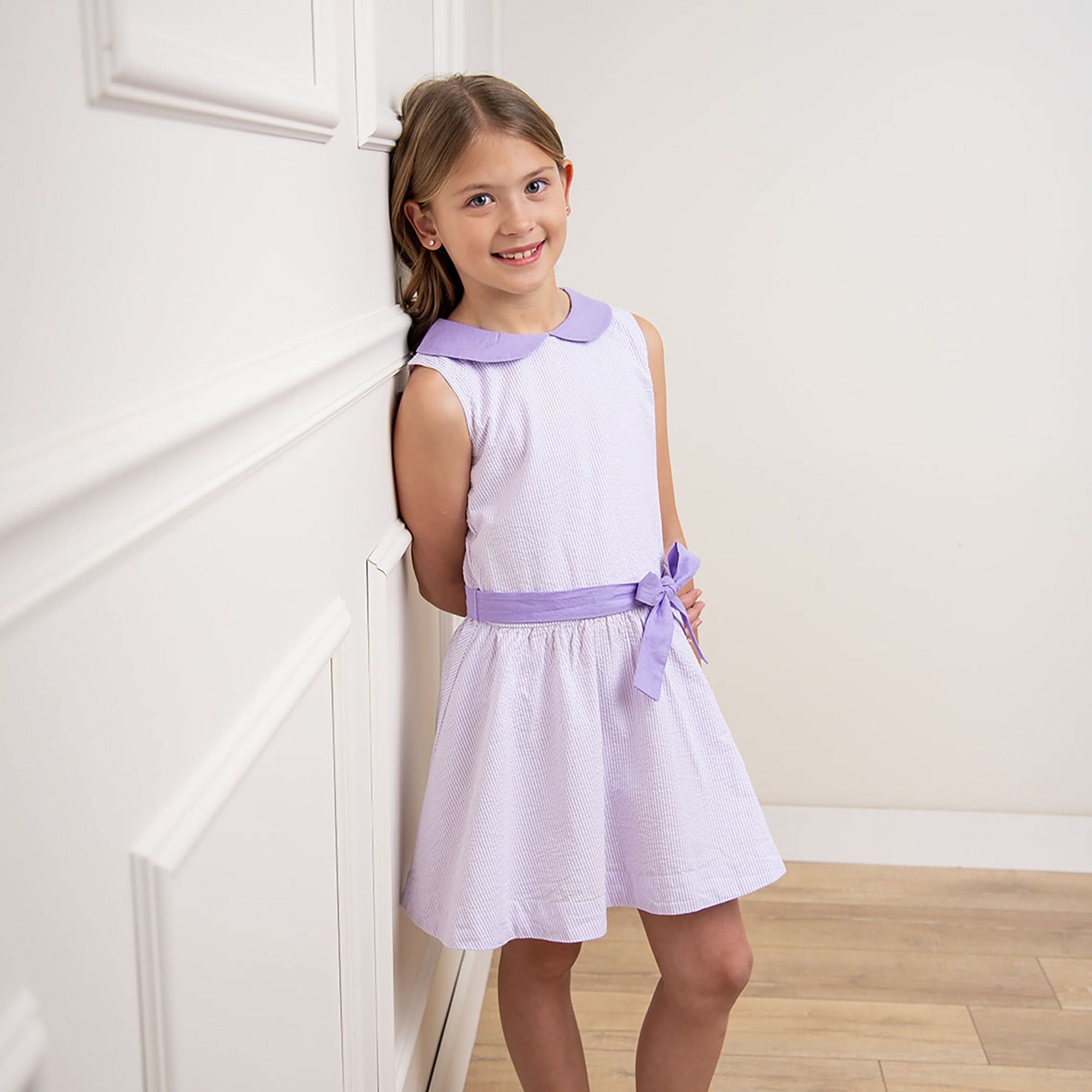 Organic Seersucker Baby Dress with Peter Pan Collar & Waist Sash – Lavender Seersucker - Triniskies