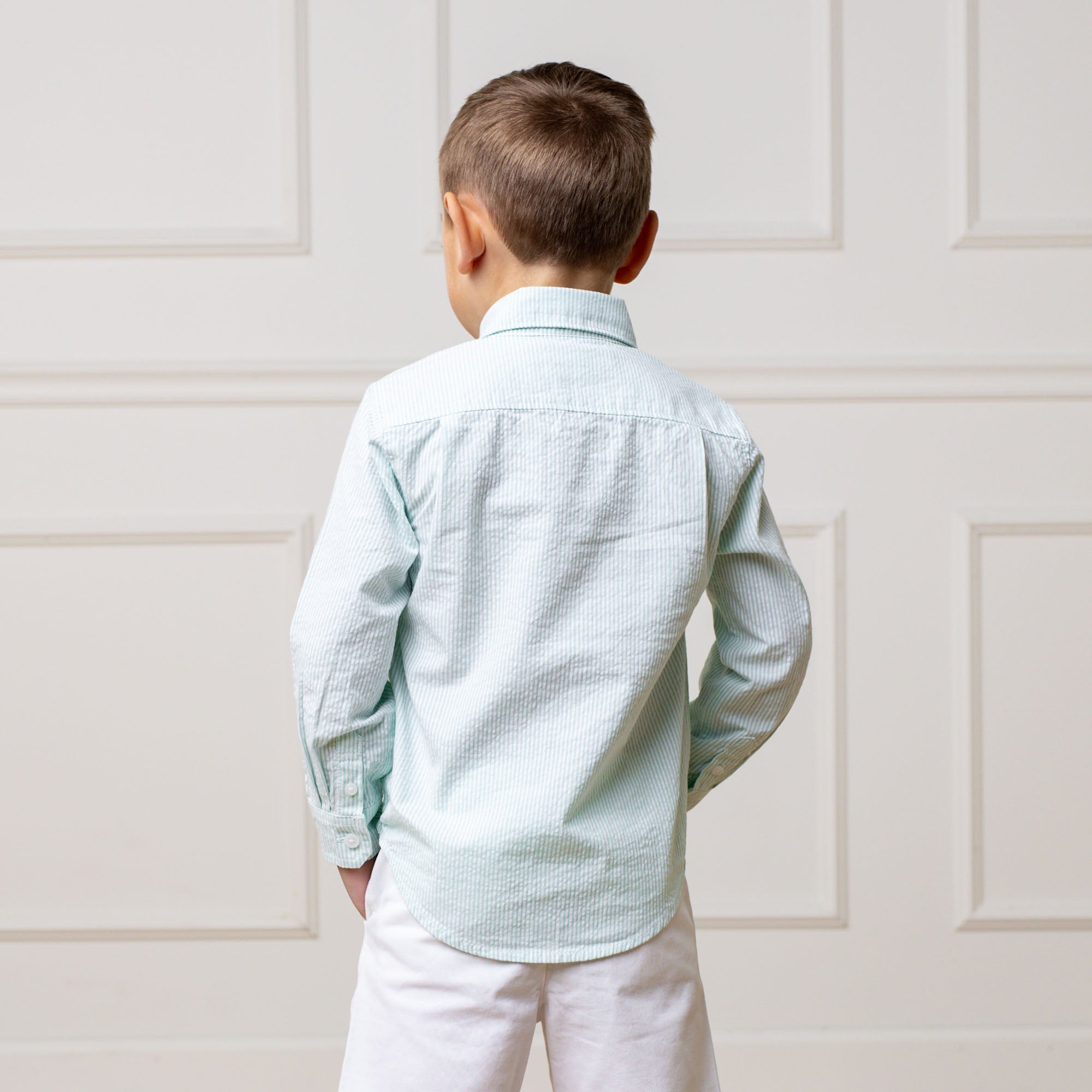 Organic Seersucker Button Down Shirt – Boys Long Sleeve Classic - Triniskies