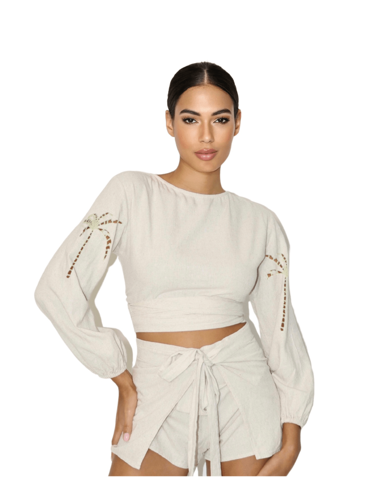 Palm Belle Linen Blouse – Embroidered Resort Top, Convertible Wrap Design - Triniskies