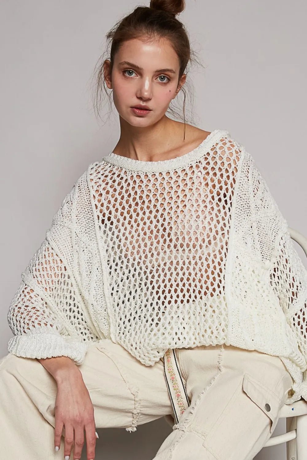 POL Openwork Long Sleeve Knit Cover Up – Coastal Boho Resort Sweater - Triniskies