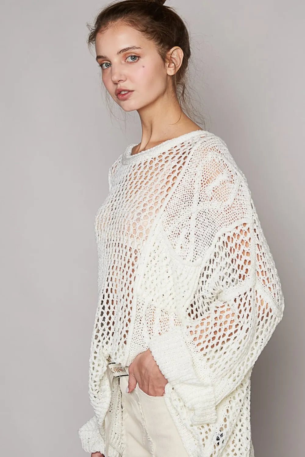POL Openwork Long Sleeve Knit Cover Up – Coastal Boho Resort Sweater - Triniskies