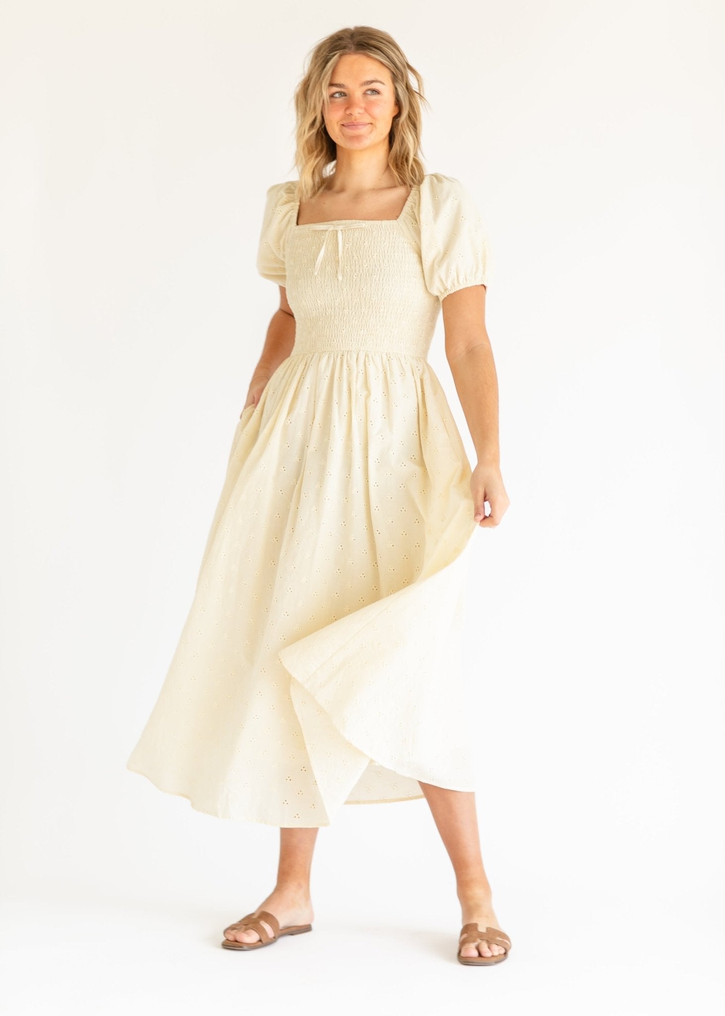 Rayna Puff Sleeve Eyelet Maxi Dress – Soft Yellow Cotton - Triniskies