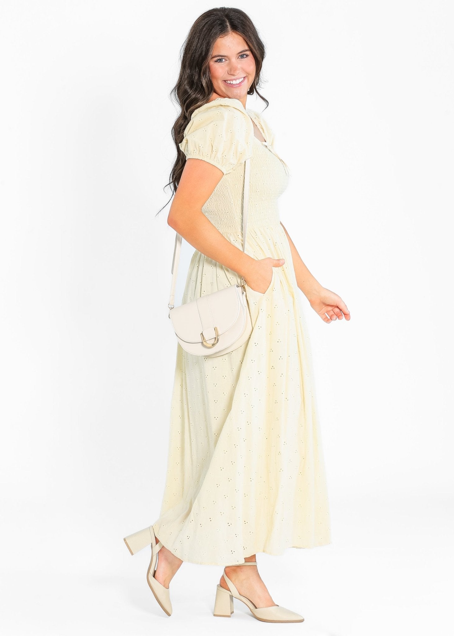 Rayna Puff Sleeve Eyelet Maxi Dress – Soft Yellow Cotton - Triniskies