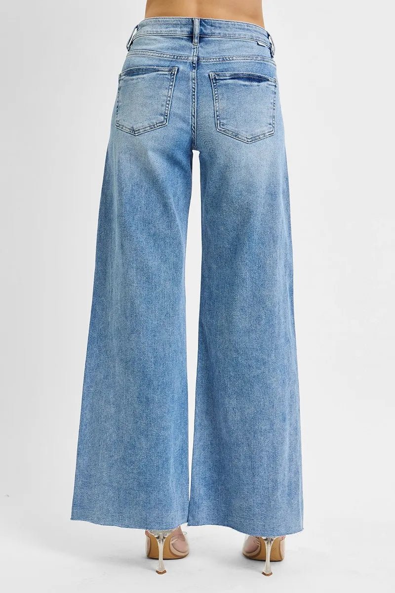 RISEN Full Size High Rise Wide Leg Palazzo Jeans – Light Wash Tummy Control Denim - Triniskies