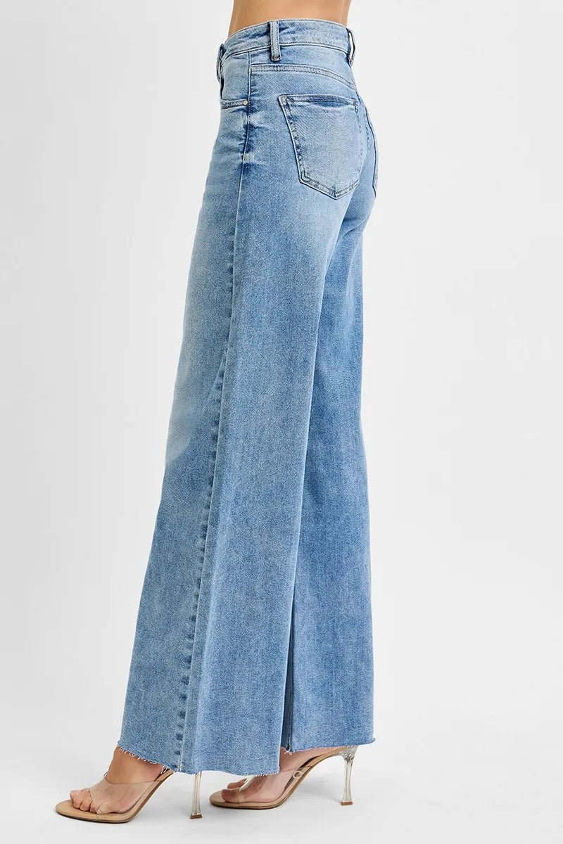 RISEN Full Size High Rise Wide Leg Palazzo Jeans – Light Wash Tummy Control Denim - Triniskies