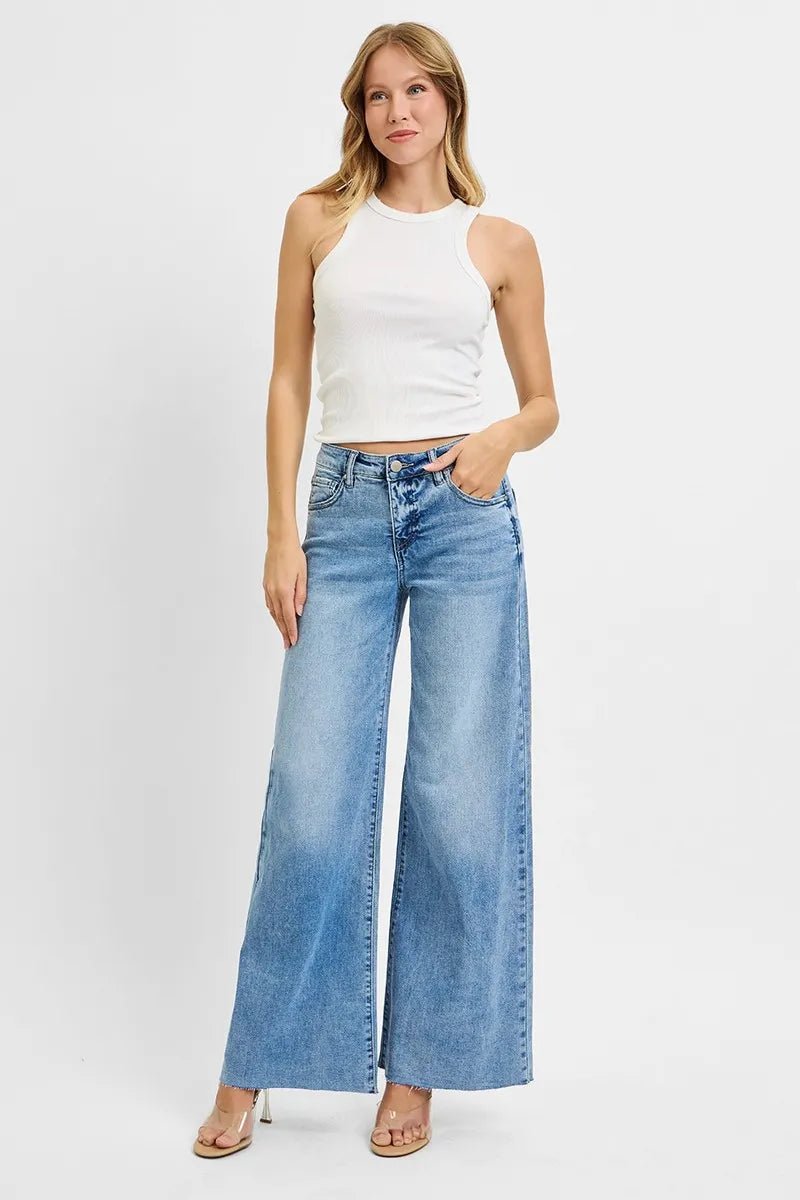 RISEN Full Size High Rise Wide Leg Palazzo Jeans – Light Wash Tummy Control Denim - Triniskies
