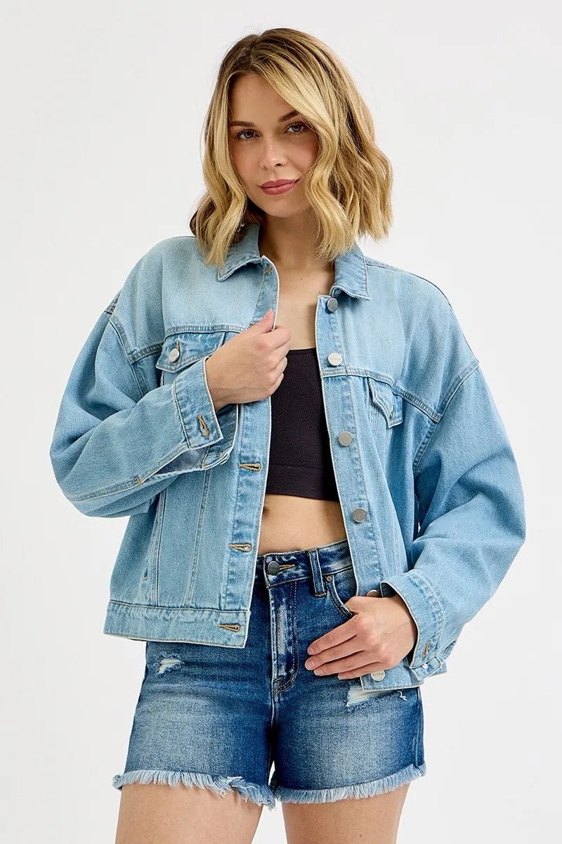 Risen Washed Dropped Shoulder Denim Jacket – Relaxed Light Wash Resort Layer - Triniskies