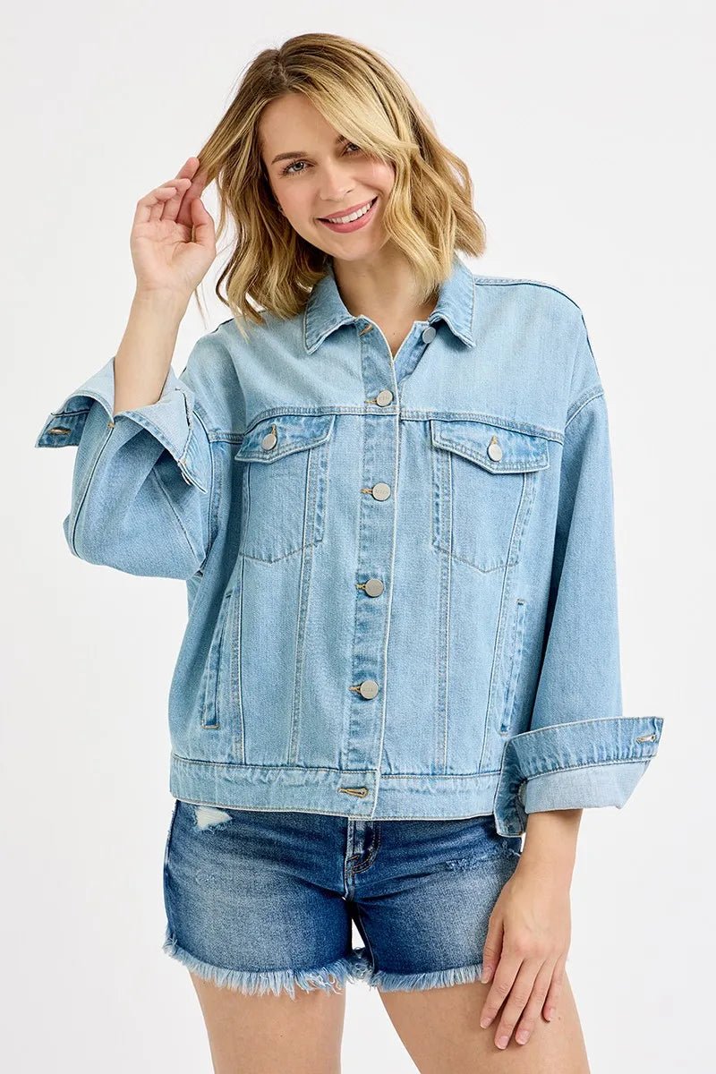Risen Washed Dropped Shoulder Denim Jacket – Relaxed Light Wash Resort Layer - Triniskies
