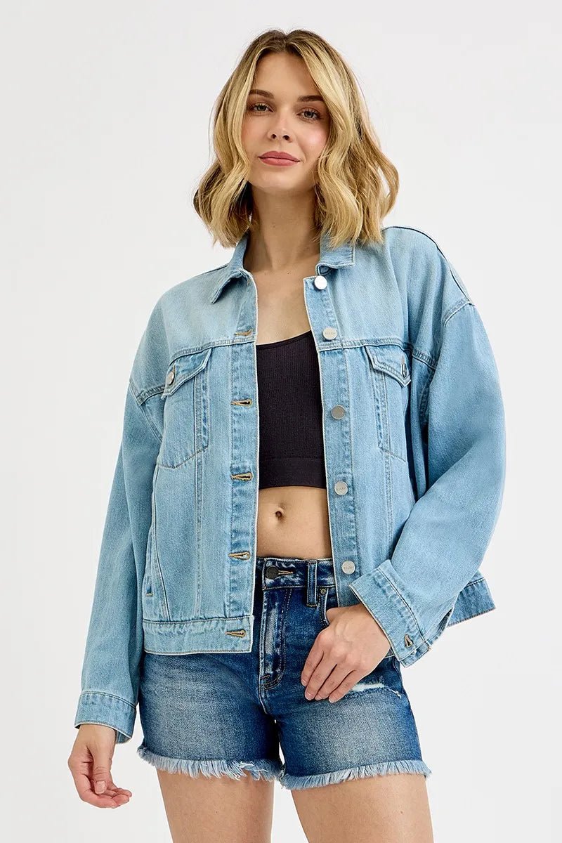 Risen Washed Dropped Shoulder Denim Jacket – Relaxed Light Wash Resort Layer - Triniskies