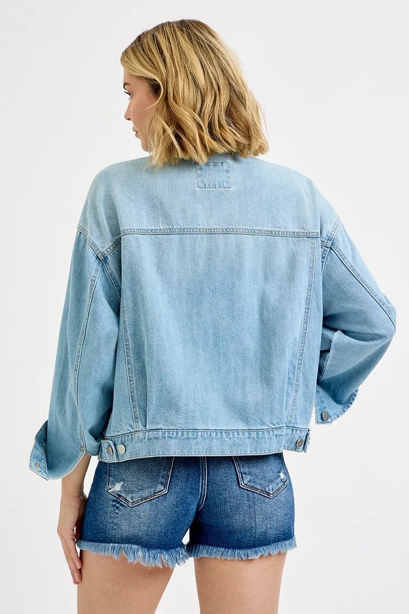 Risen Washed Dropped Shoulder Denim Jacket – Relaxed Light Wash Resort Layer - Triniskies