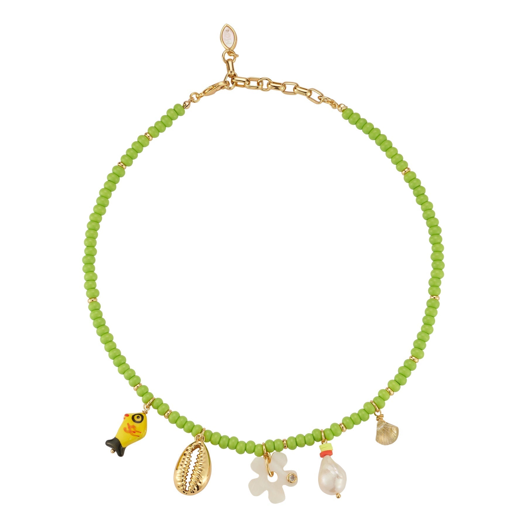 Romy Charm Necklace – Green Beaded Necklace with Painted Charms & Pearls - Triniskies