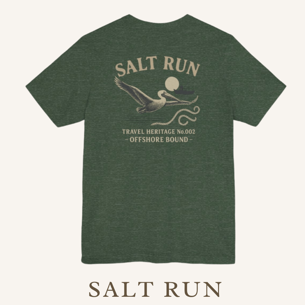 Salt Run Offshore Fishing Shirt Vintage Pelican Graphic Tee Trini Skies Travel Heritage Series - Triniskies