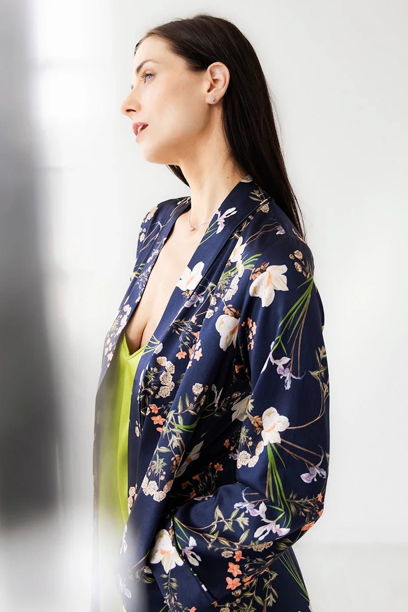 SALUA Silk Floral Robe – Midnight Blue Luxury Resort Loungewear - Triniskies