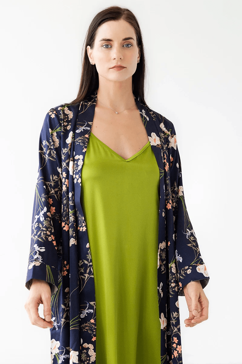 SALUA Silk Floral Robe – Midnight Blue Luxury Resort Loungewear - Triniskies