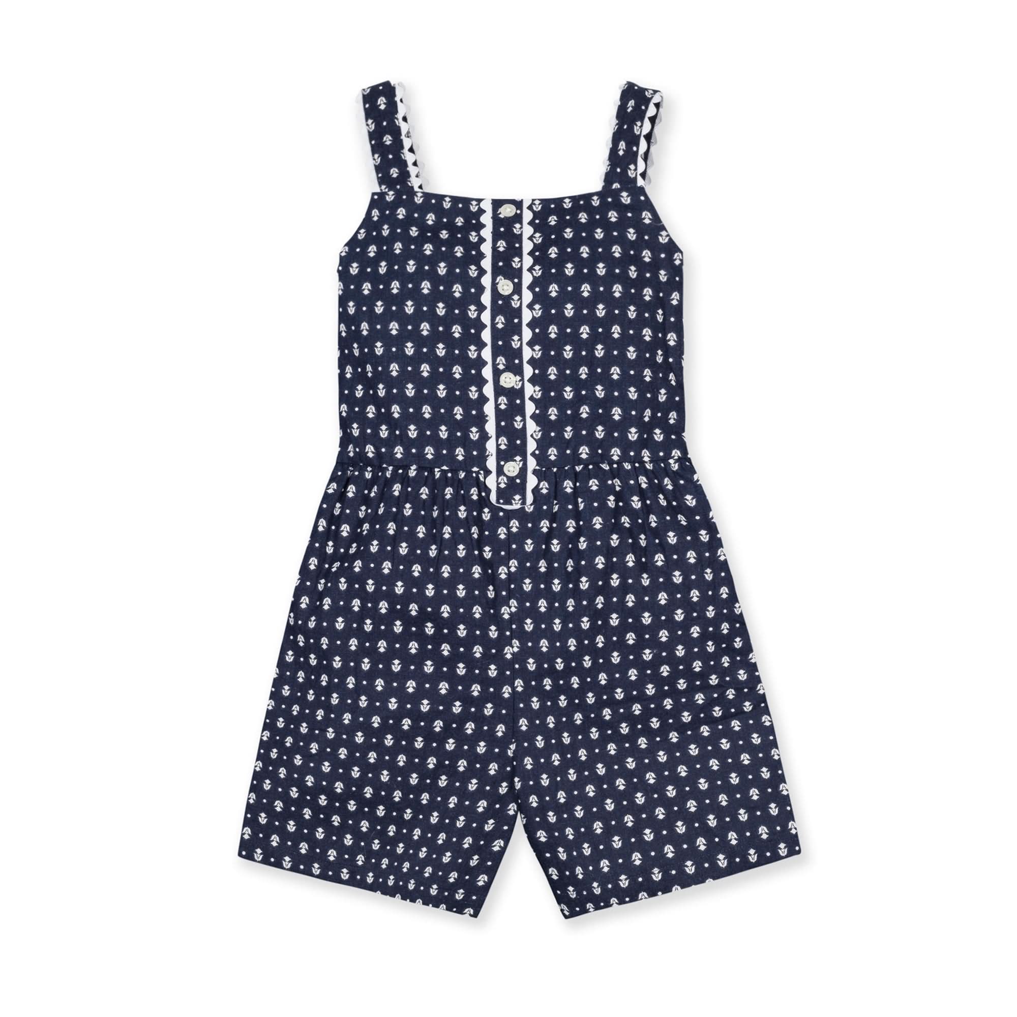 Scallop Trim Linen Blend Romper – Navy Riviera Print (Toddler & Girls) - Triniskies