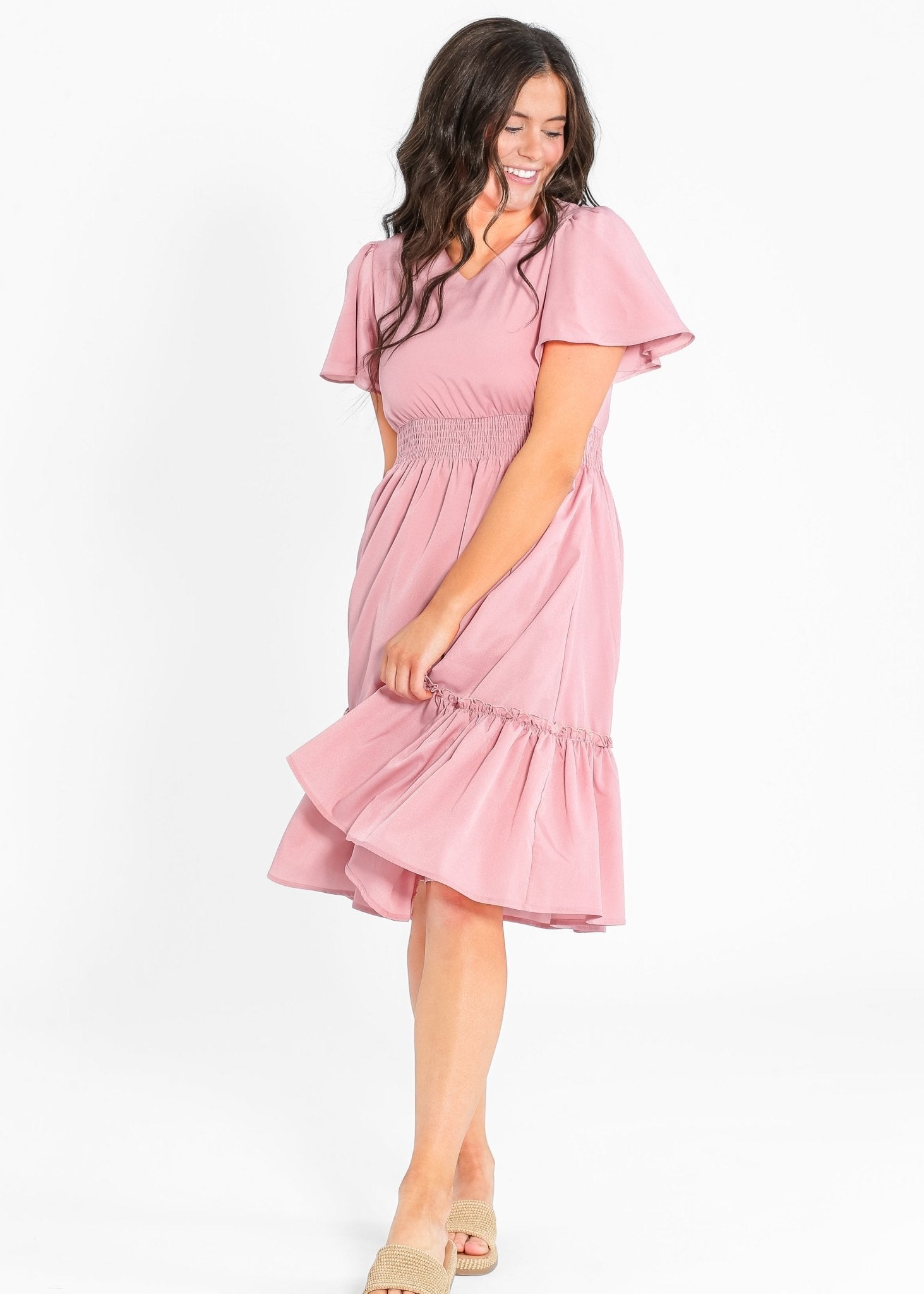 Sophie V - Neck Flutter Sleeve Midi Dress – Modest Pink Smocked Waist Dress - Triniskies