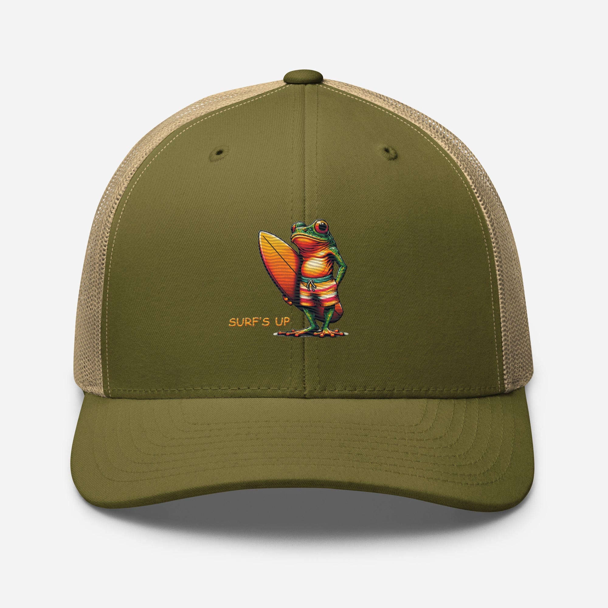 Surfs Up Surfing Frog Embroidered Trucker Cap by Trini Skies, Adjustable Mesh Back Cap - Triniskies