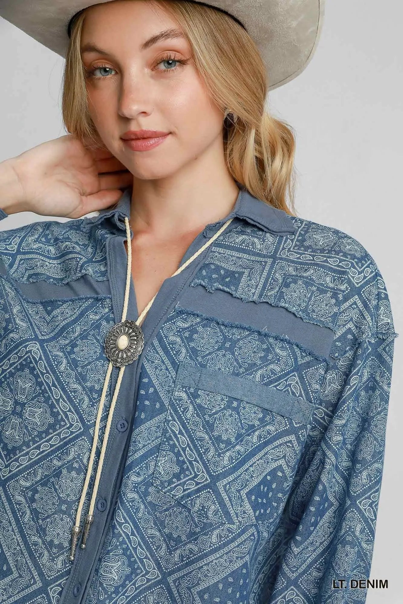 Umgee Paisley Patchwork Denim Shirt Jacket – Oversized Vintage Coastal Layer - Triniskies