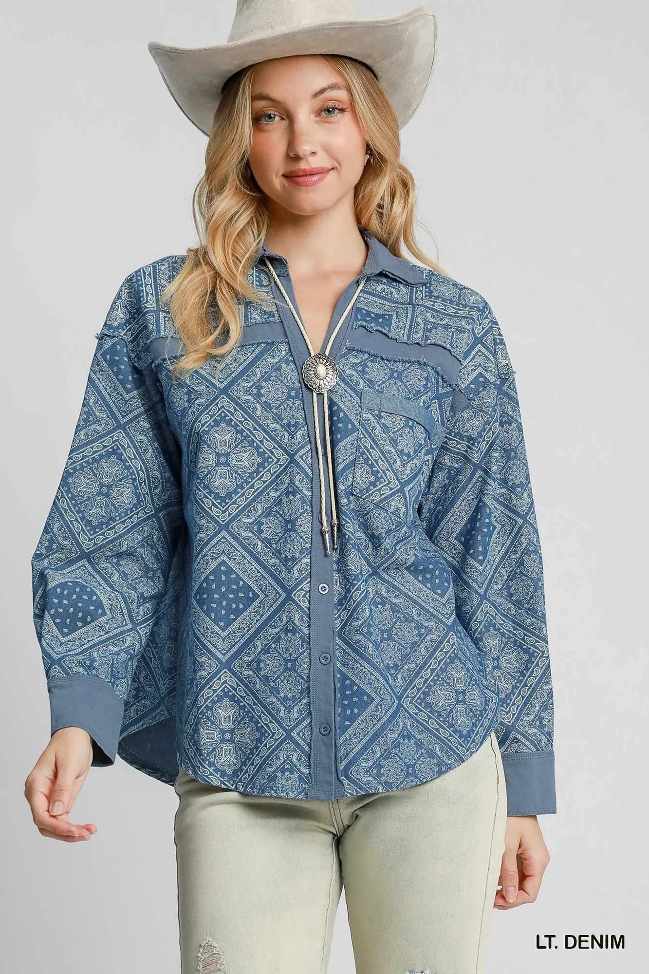 Umgee Paisley Patchwork Denim Shirt Jacket – Oversized Vintage Coastal Layer - Triniskies