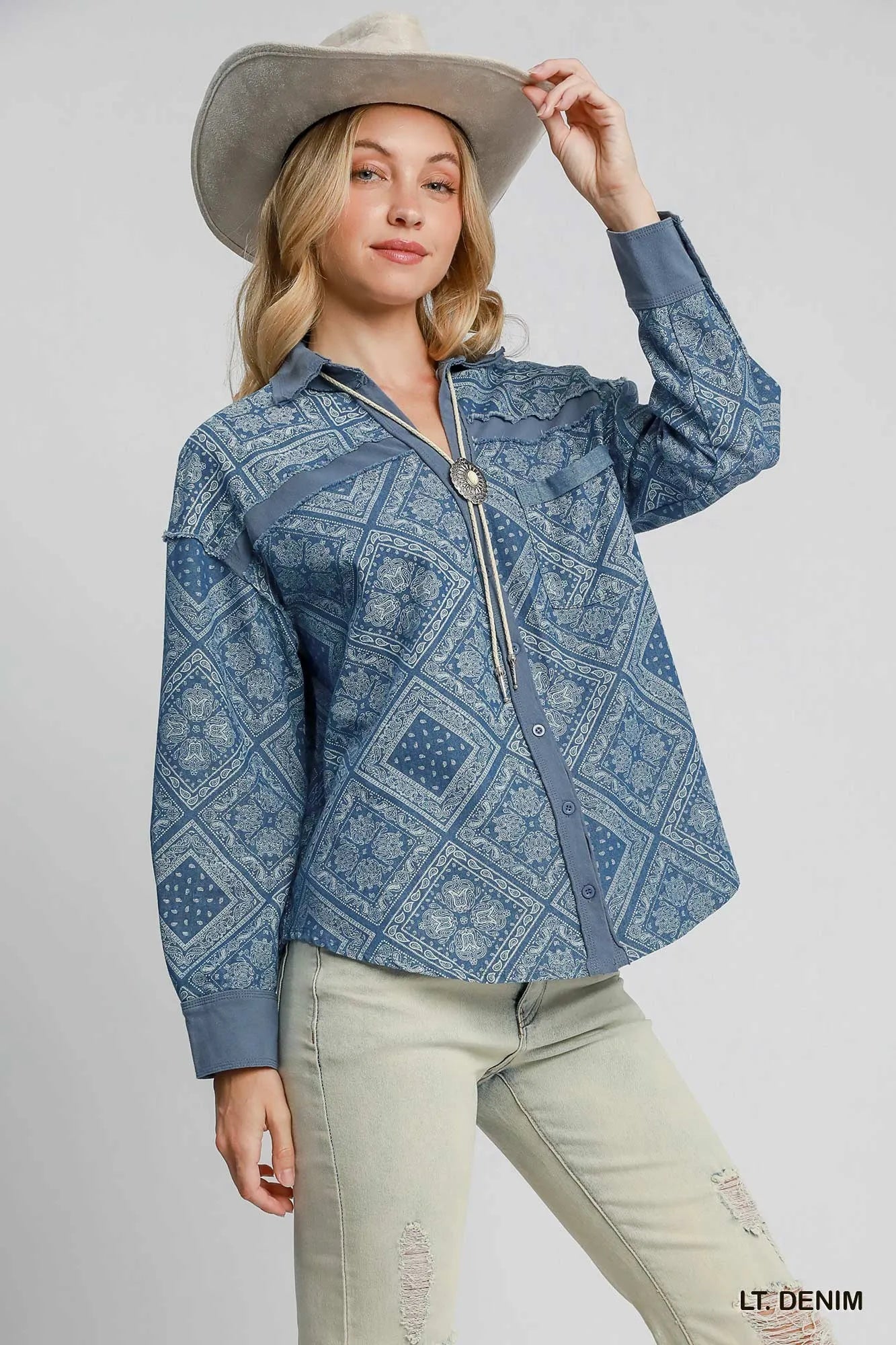 Umgee Paisley Patchwork Denim Shirt Jacket – Oversized Vintage Coastal Layer - Triniskies