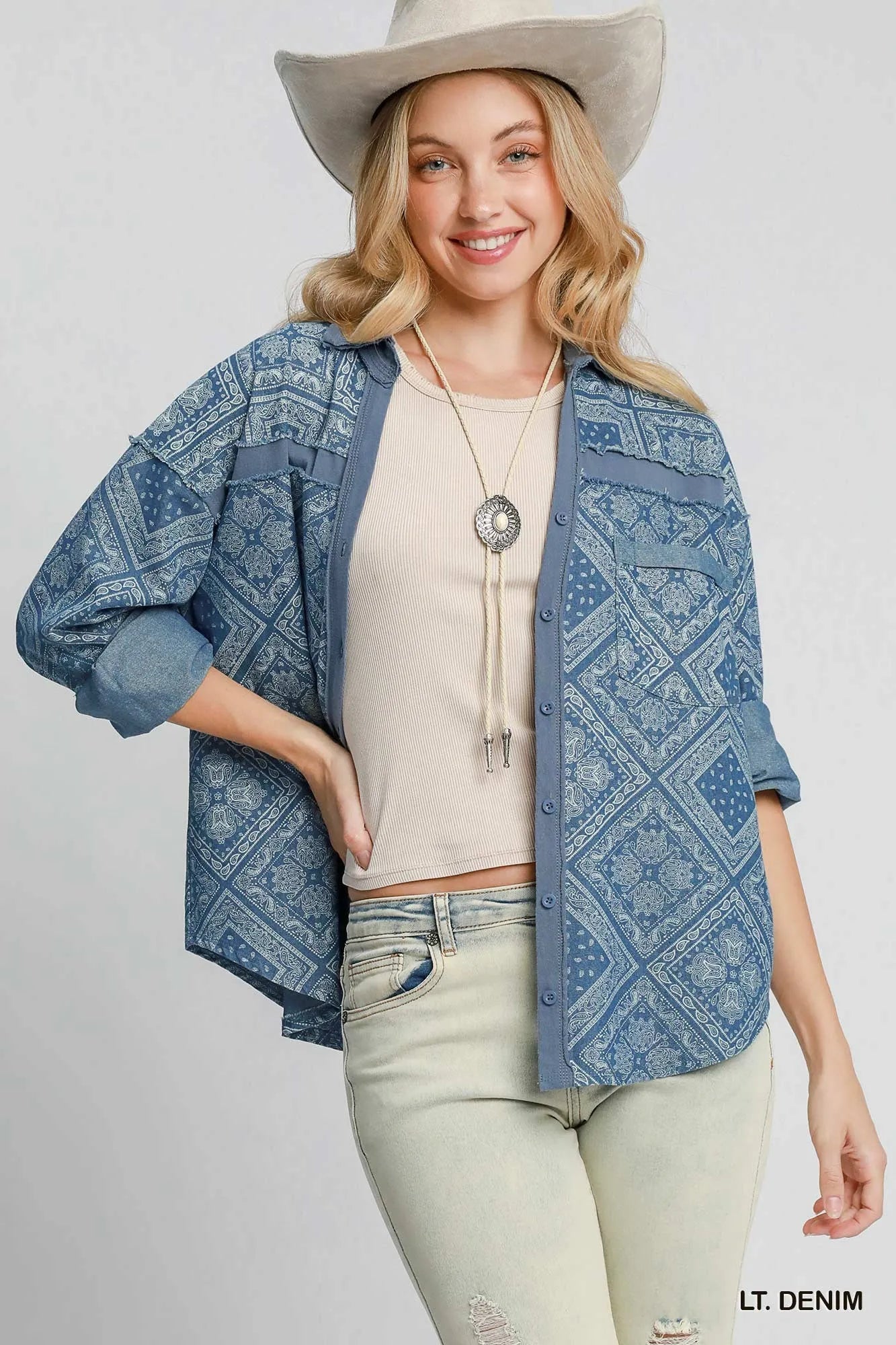 Umgee Paisley Patchwork Denim Shirt Jacket – Oversized Vintage Coastal Layer - Triniskies