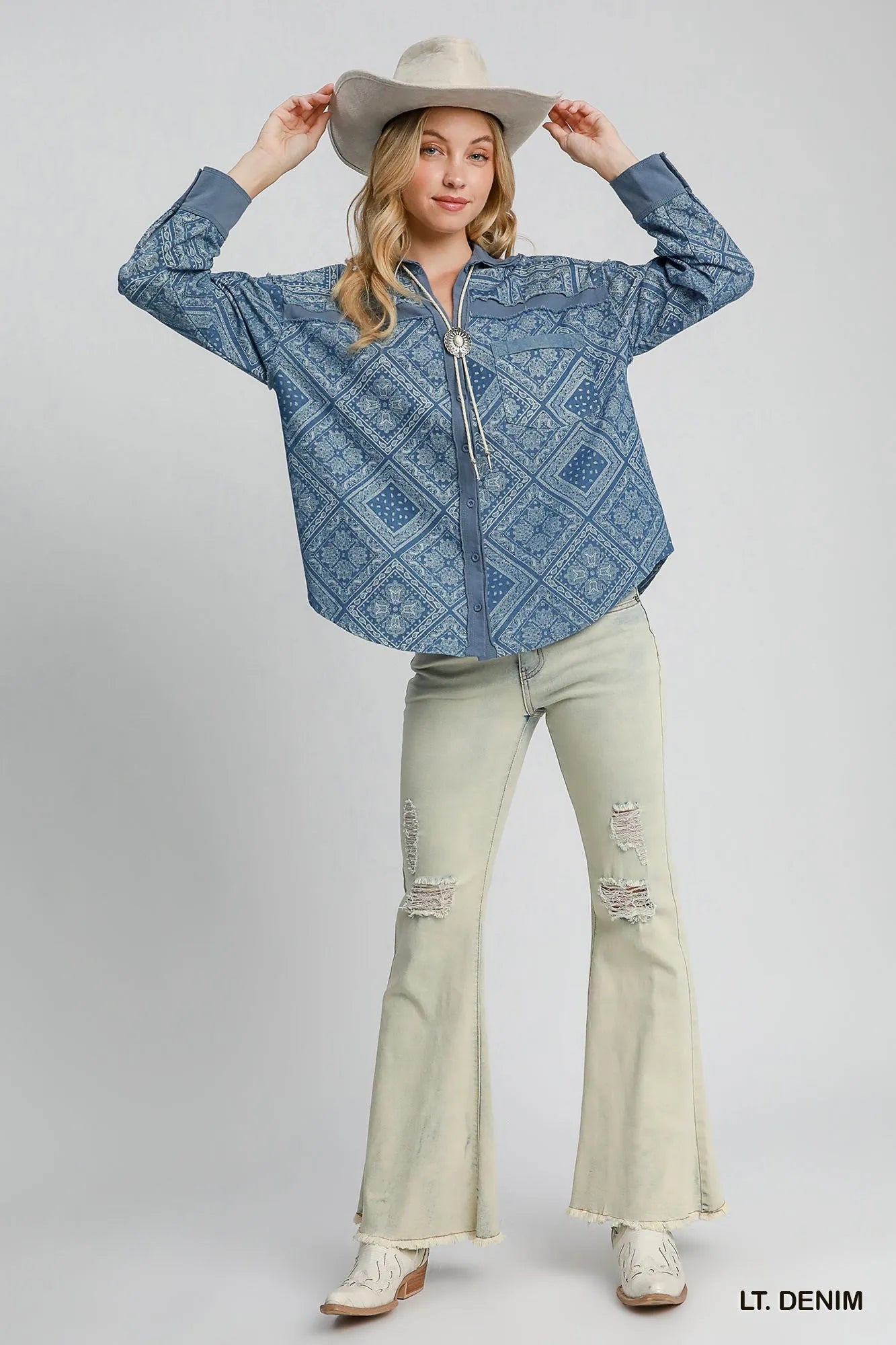 Umgee Paisley Patchwork Denim Shirt Jacket – Oversized Vintage Coastal Layer - Triniskies