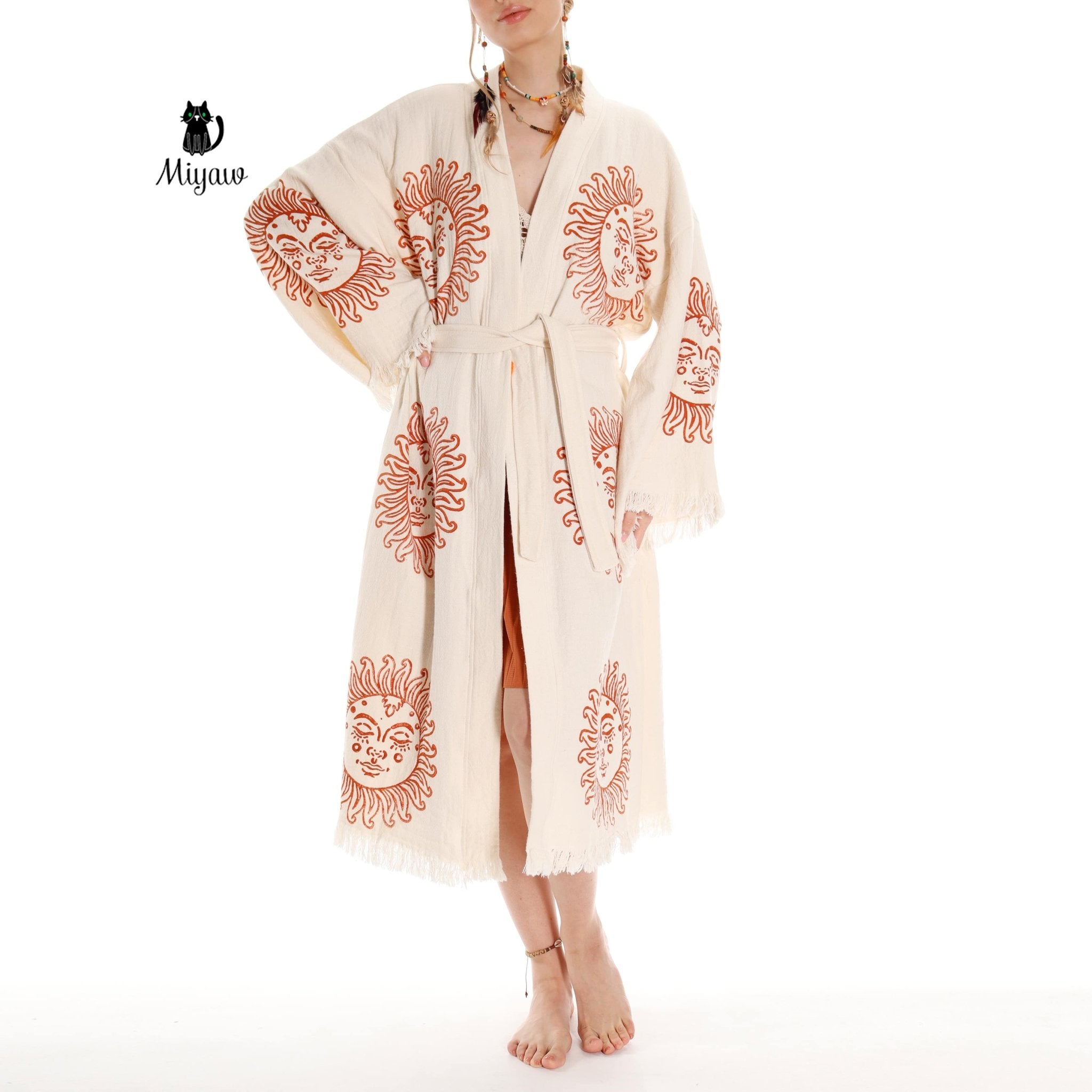 Unique Sun Stamped Organic Cotton Kimono Robe – Eco Boho Resortwear - Triniskies