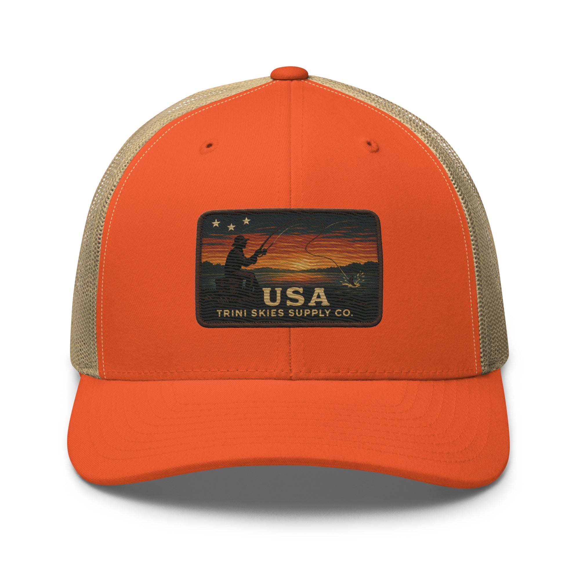 USA Fishing Patch Hat – Yupoong Retro Trucker | Lightweight Patriotic Cap | Trini Skies Heritage Waters Spring Edition - Triniskies