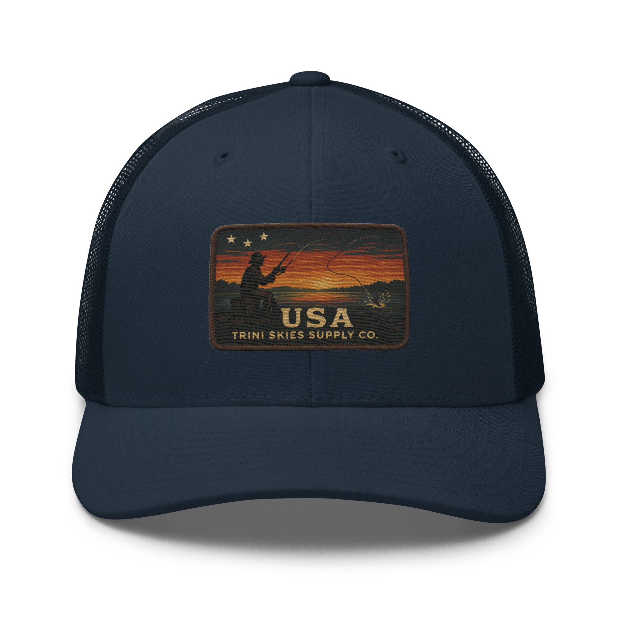 USA Fishing Patch Hat – Yupoong Retro Trucker | Lightweight Patriotic Cap | Trini Skies Heritage Waters Spring Edition - Triniskies