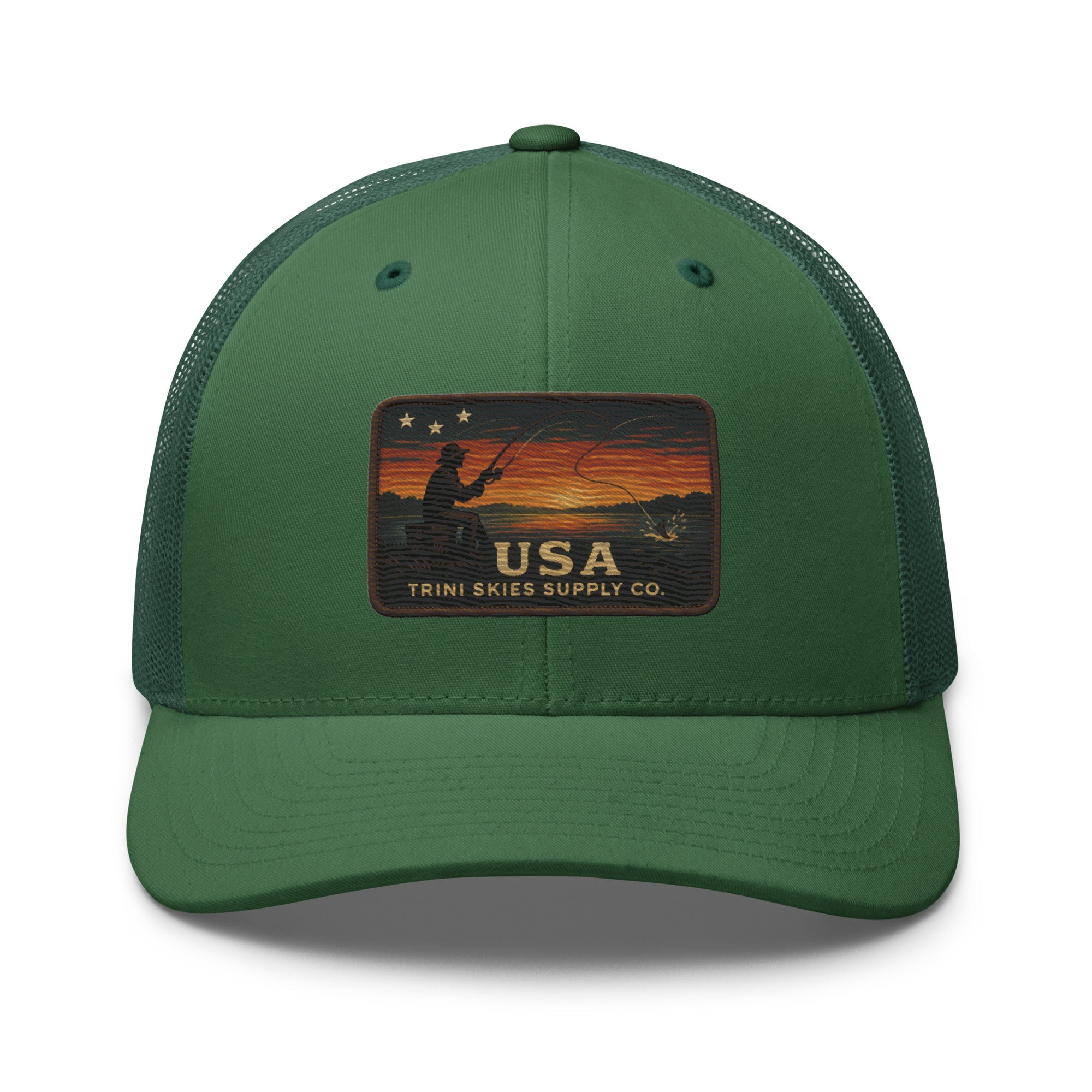 USA Fishing Patch Hat – Yupoong Retro Trucker | Lightweight Patriotic Cap | Trini Skies Heritage Waters Spring Edition - Triniskies