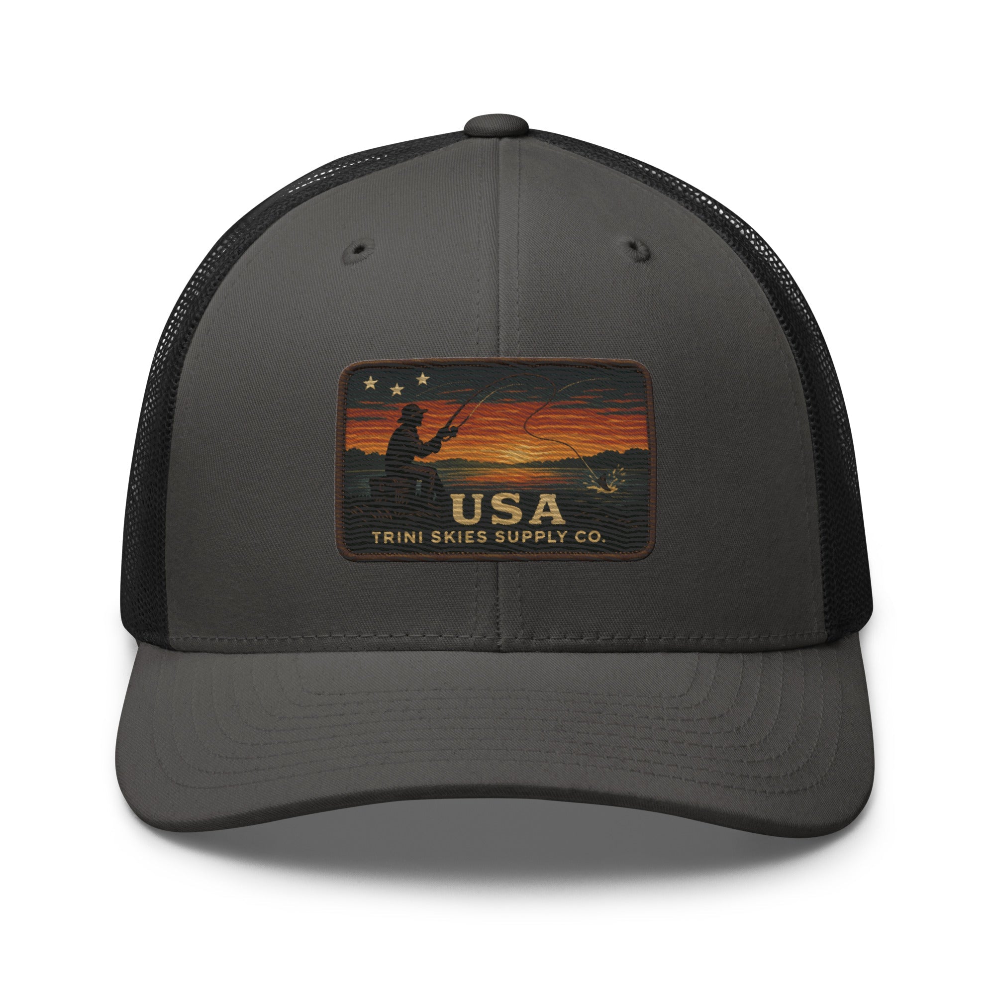 USA Fishing Patch Hat – Yupoong Retro Trucker | Lightweight Patriotic Cap | Trini Skies Heritage Waters Spring Edition - Triniskies