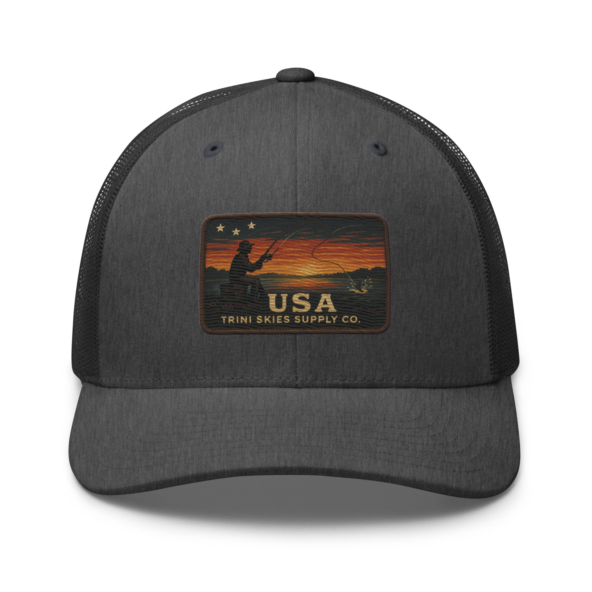 USA Fishing Patch Hat – Yupoong Retro Trucker | Lightweight Patriotic Cap | Trini Skies Heritage Waters Spring Edition - Triniskies